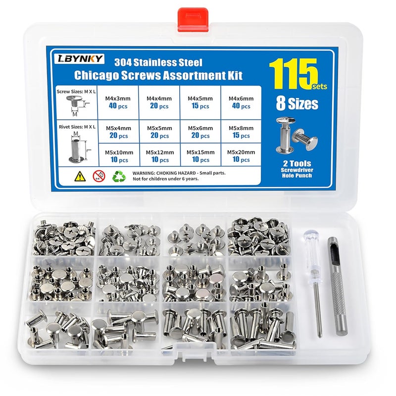 LBYNKY 115 Sets Chicago Screws Kit for Leather Crafts, 304 Stainless Steel Binding Screws Rivet, 8 Sizes (M5x4/5/6/8/10/12/15/20mm) Binding Post with Tools for DIY Projects, Belts, Books & Repairs - Image 3